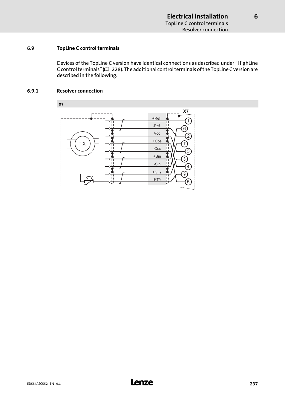 9 topline c control terminals, 1 resolver connection, Resolver connection | Electrical installation | Lenze 8400 User Manual | Page 237 / 304