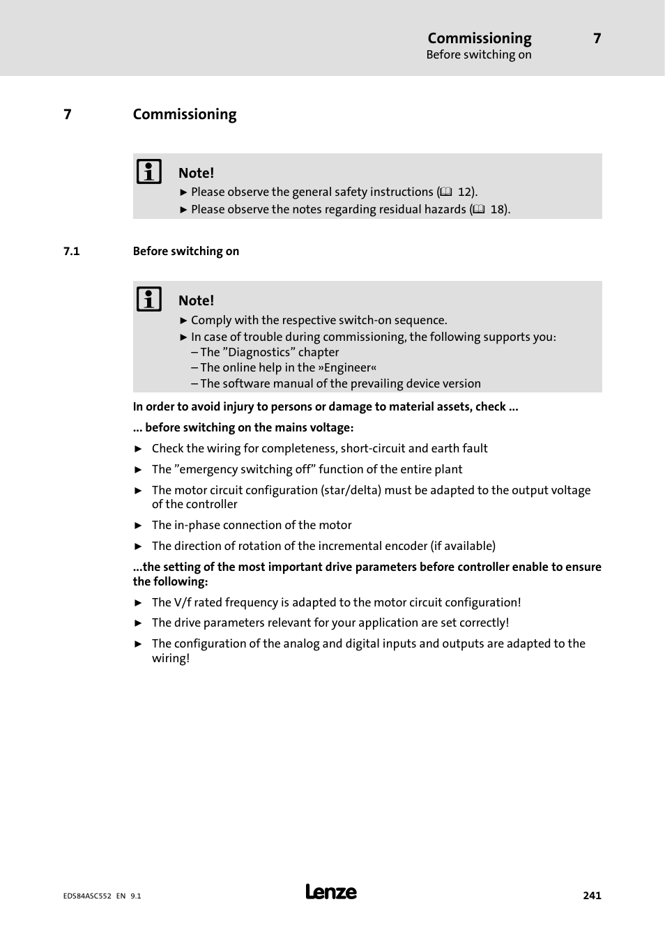 Commissioning, 1 before switching on, 7commissioning | Lenze 8400 User Manual | Page 241 / 304
