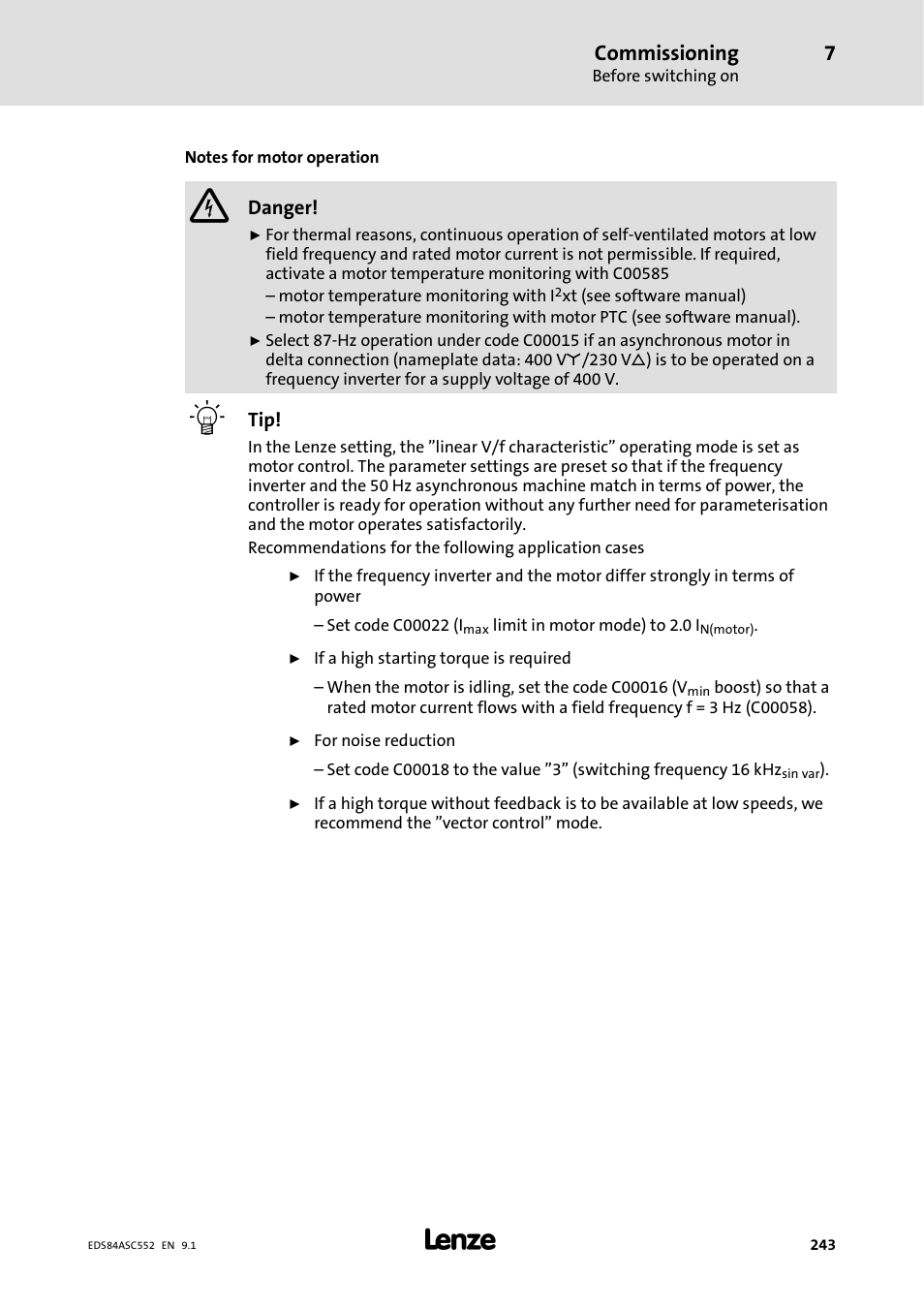 Commissioning | Lenze 8400 User Manual | Page 243 / 304