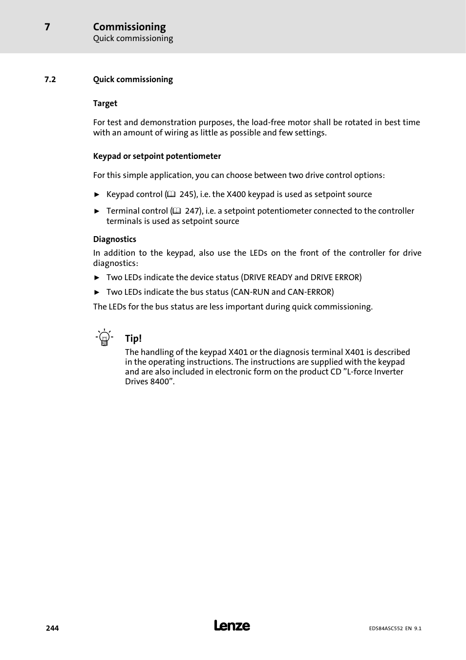 2 quick commissioning, Commissioning | Lenze 8400 User Manual | Page 244 / 304