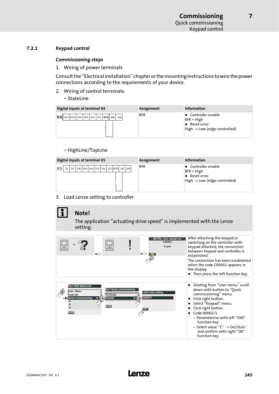 1 keypad control, Keypad control, Commissioning | Quick commissioning keypad control, Highline/topline, Load lenze setting to controller | Lenze 8400 User Manual | Page 245 / 304