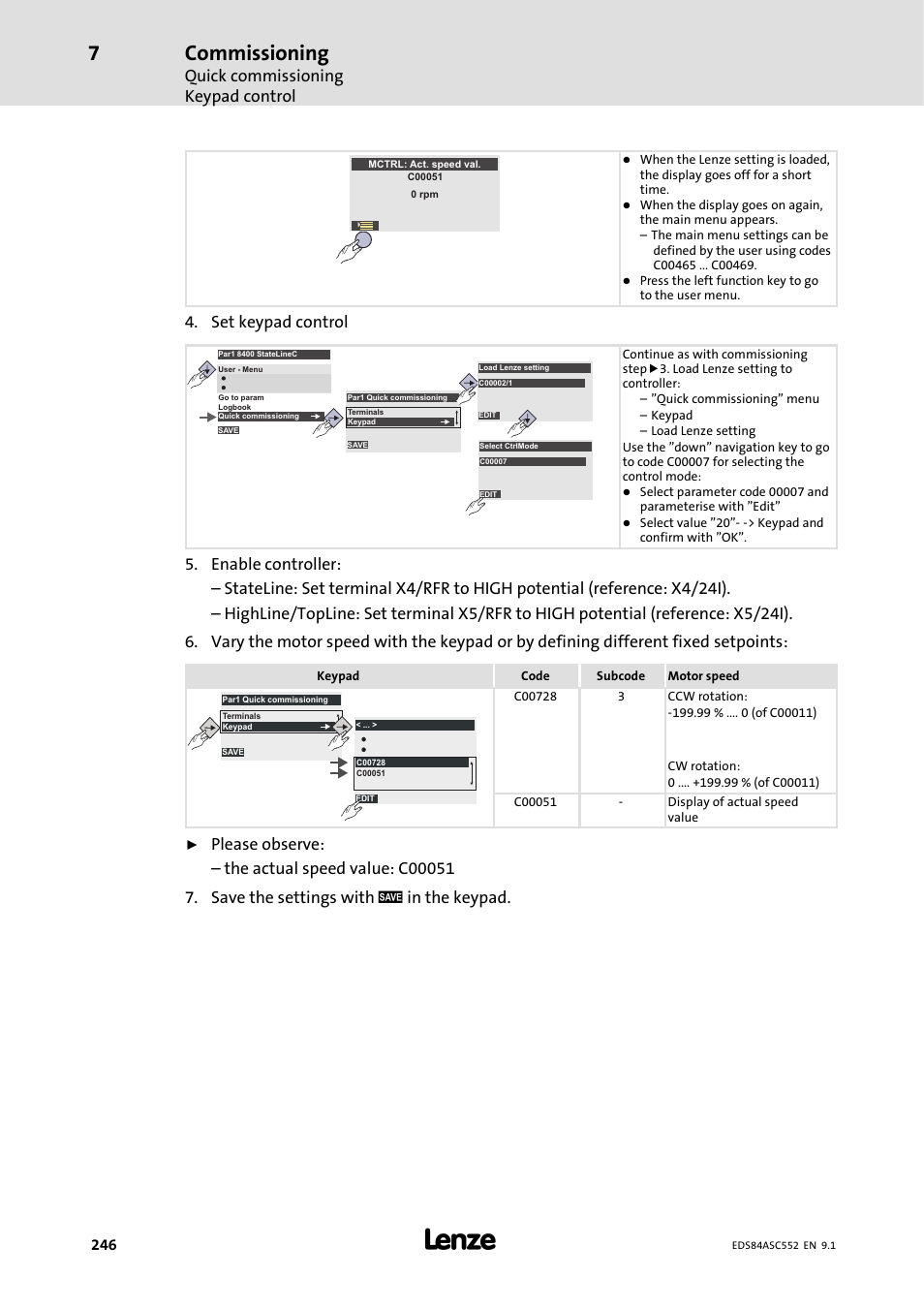 Commissioning, Quick commissioning keypad control, Set keypad control | Lenze 8400 User Manual | Page 246 / 304