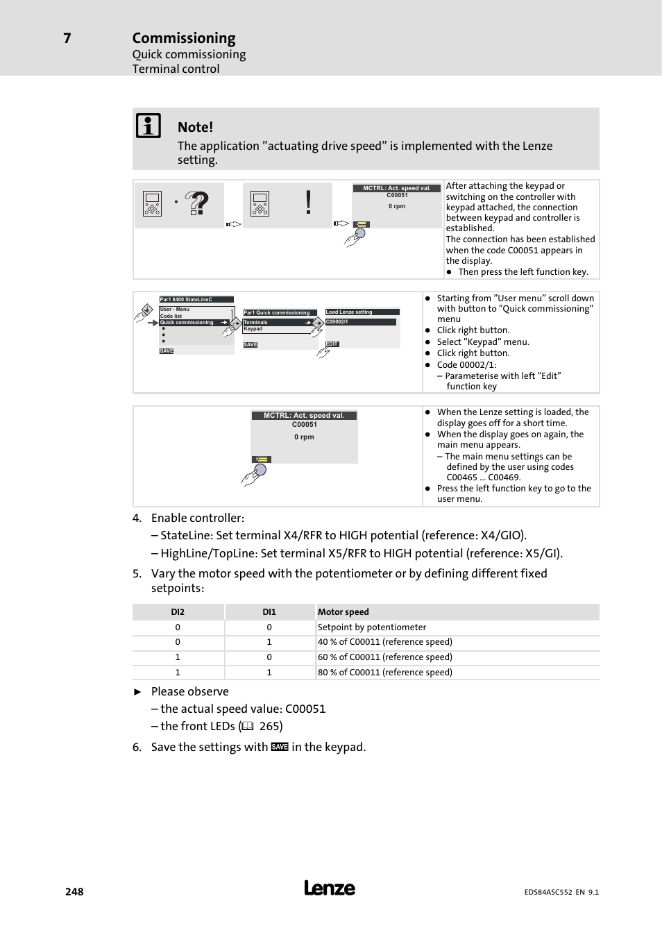 Commissioning, Quick commissioning terminal control | Lenze 8400 User Manual | Page 248 / 304