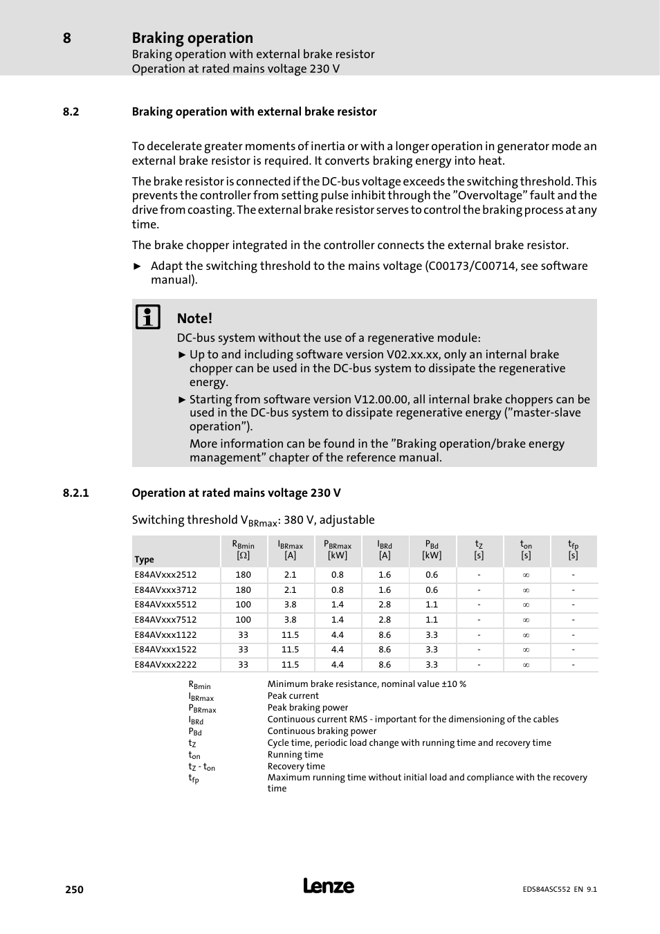 2 braking operation with external brake resistor, 1 operation at rated mains voltage 230 v, Operation at rated mains voltage 230 v | Braking operation | Lenze 8400 User Manual | Page 250 / 304