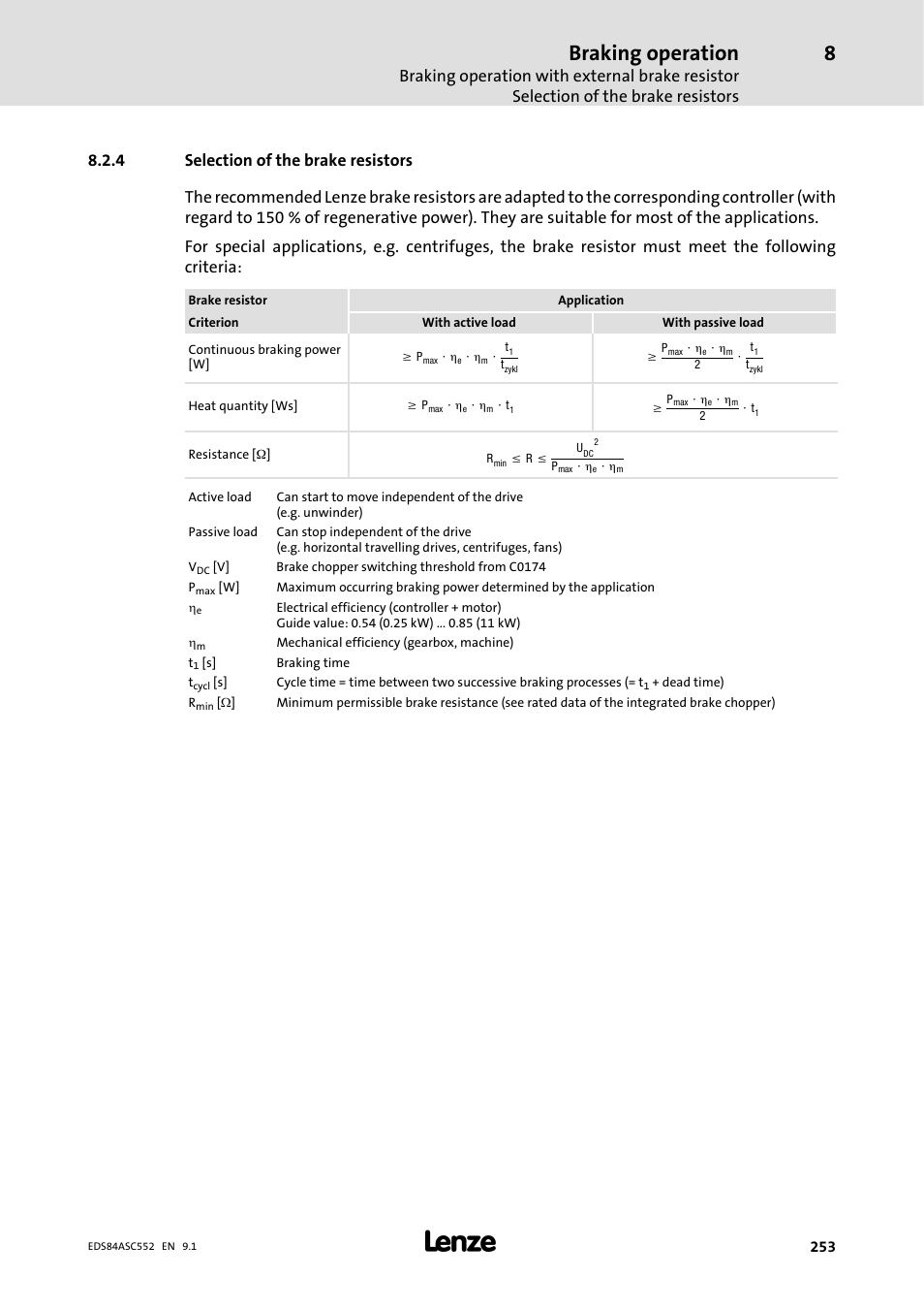 4 selection of the brake resistors, Selection of the brake resistors, Braking operation | Lenze 8400 User Manual | Page 253 / 304