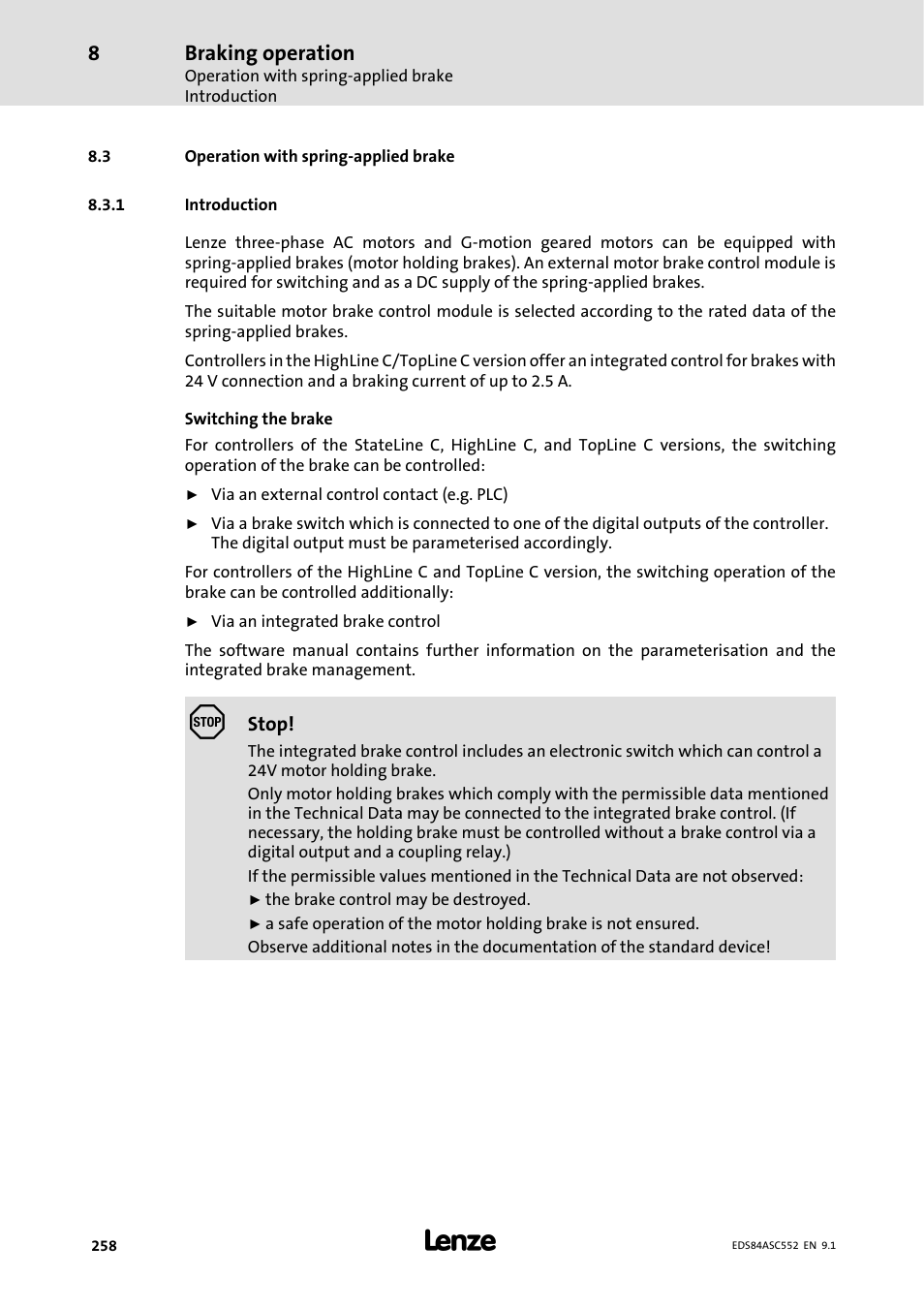 3 operation with spring-applied brake, 1 introduction, Introduction | Braking operation | Lenze 8400 User Manual | Page 258 / 304