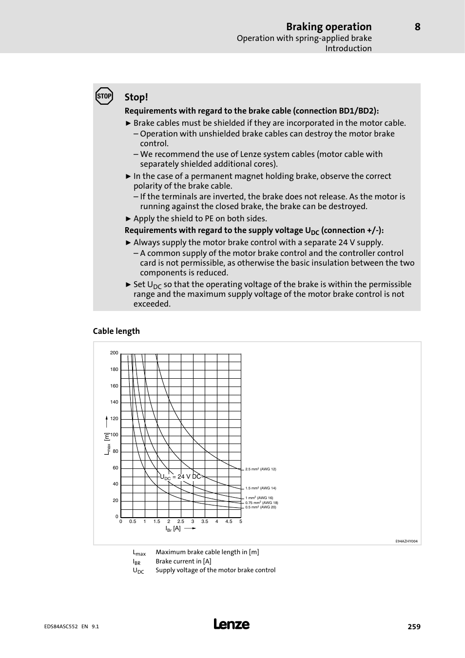 Braking operation, Stop, Operation with spring-applied brake introduction | Connection +/-), Set u | Lenze 8400 User Manual | Page 259 / 304