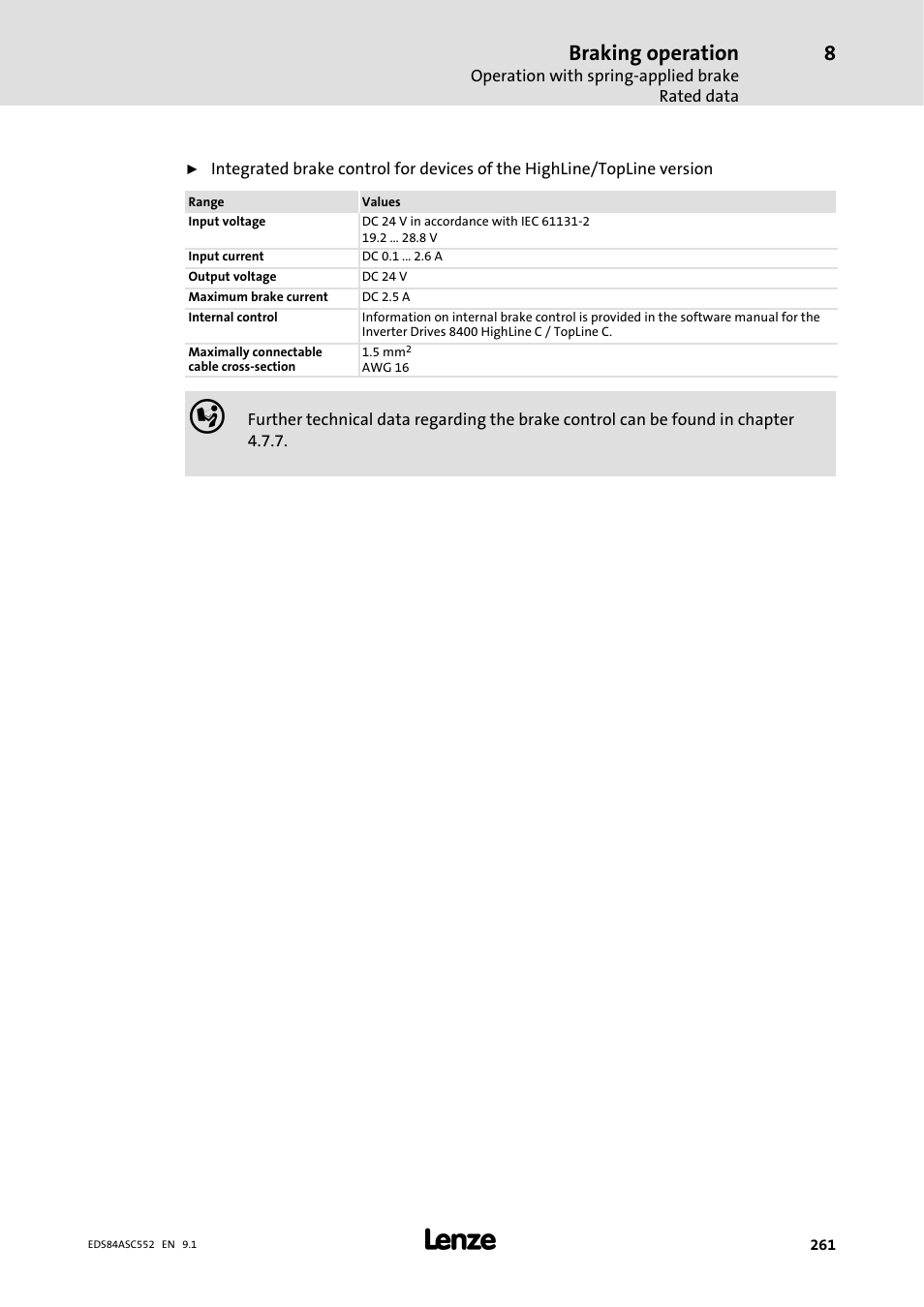 Braking operation | Lenze 8400 User Manual | Page 261 / 304