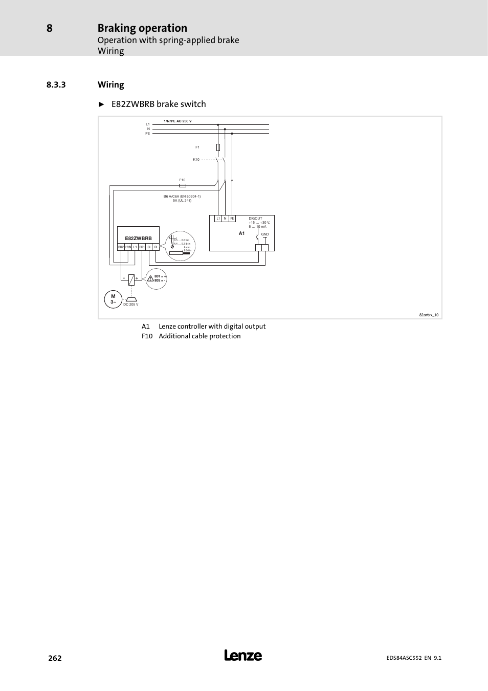 3 wiring, Wiring, Braking operation | Operation with spring-applied brake wiring, E82zwbrb brake switch | Lenze 8400 User Manual | Page 262 / 304