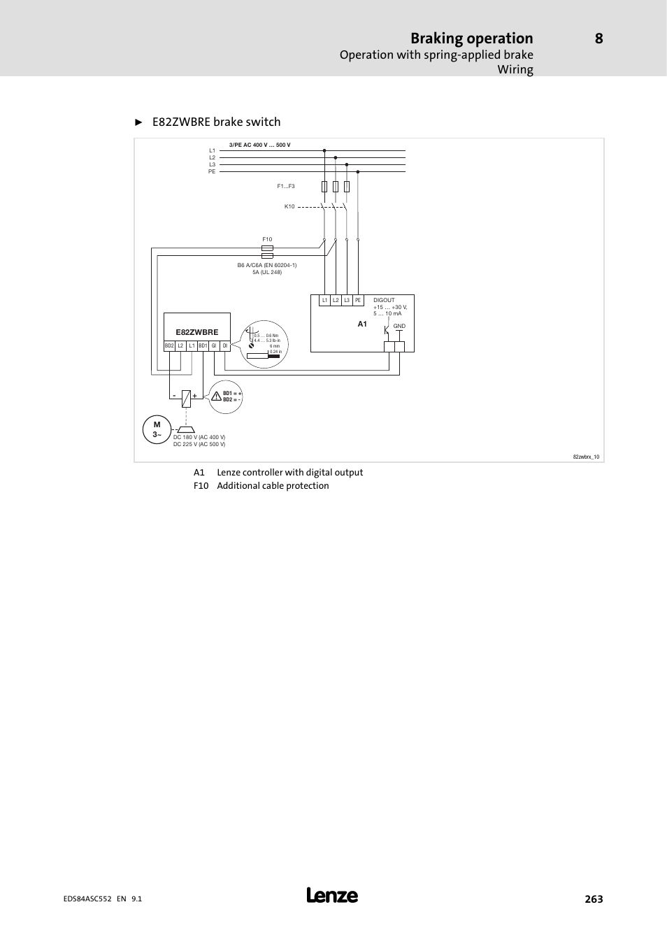 Braking operation, Operation with spring-applied brake wiring, E82zwbre brake switch | Lenze 8400 User Manual | Page 263 / 304