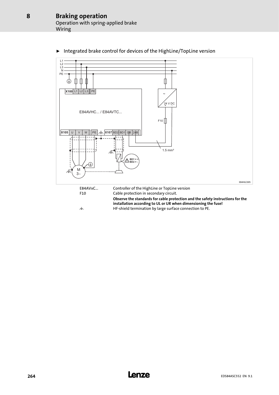 Braking operation, Operation with spring-applied brake wiring | Lenze 8400 User Manual | Page 264 / 304