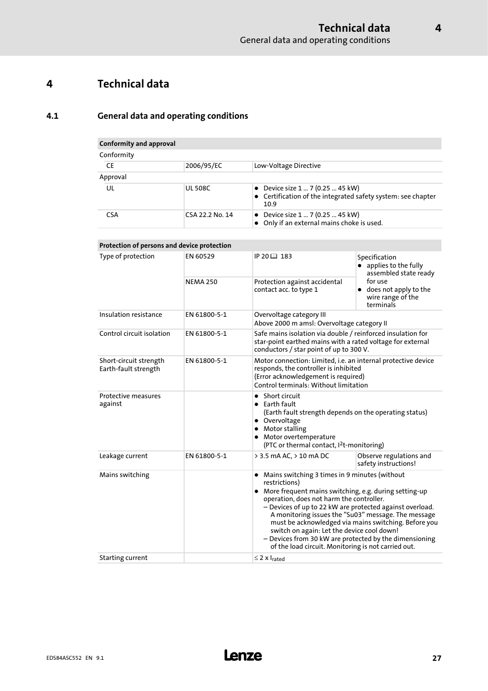 Technical data, 1 general data and operating conditions, 4technical data | General data and operating conditions | Lenze 8400 User Manual | Page 27 / 304