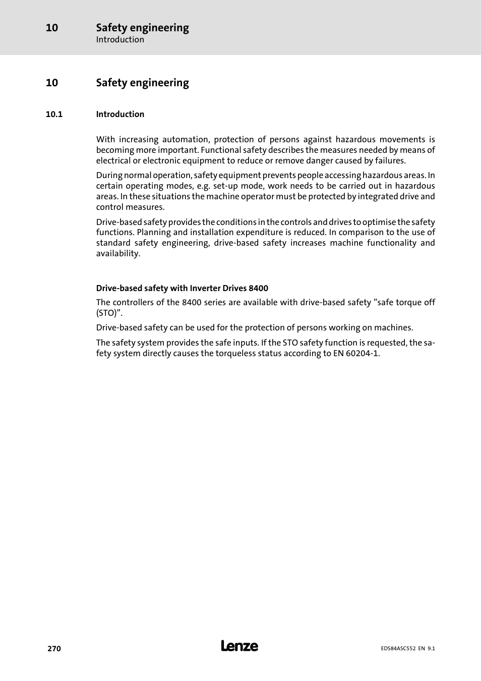 Safety engineering, 1 introduction, 10 safety engineering | Lenze 8400 User Manual | Page 270 / 304