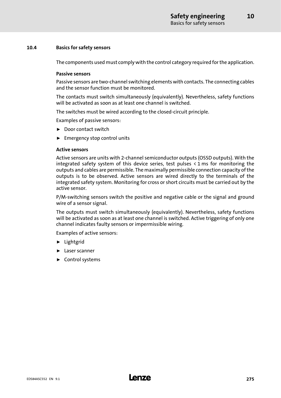 4 basics for safety sensors, Safety engineering | Lenze 8400 User Manual | Page 275 / 304