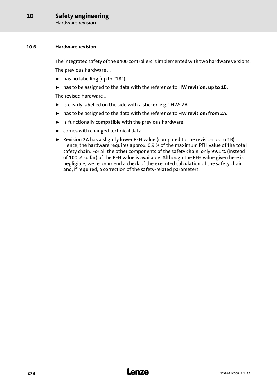 6 hardware revision, Safety engineering | Lenze 8400 User Manual | Page 278 / 304