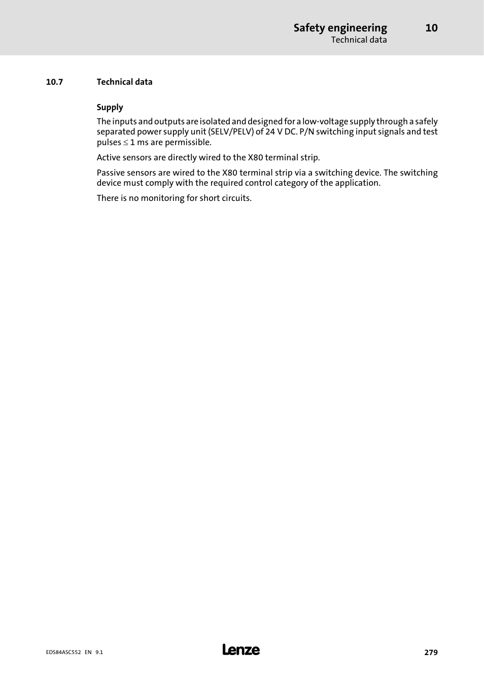 7 technical data, Safety engineering | Lenze 8400 User Manual | Page 279 / 304
