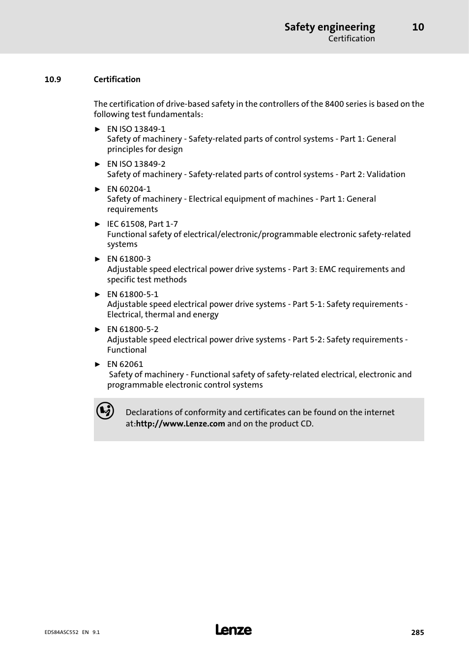 9 certification, Safety engineering | Lenze 8400 User Manual | Page 285 / 304