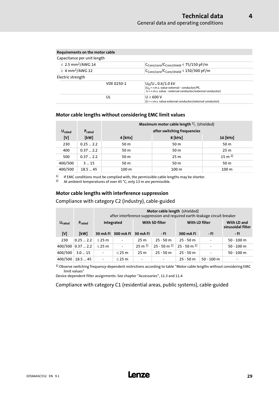 Technical data, General data and operating conditions | Lenze 8400 User Manual | Page 29 / 304