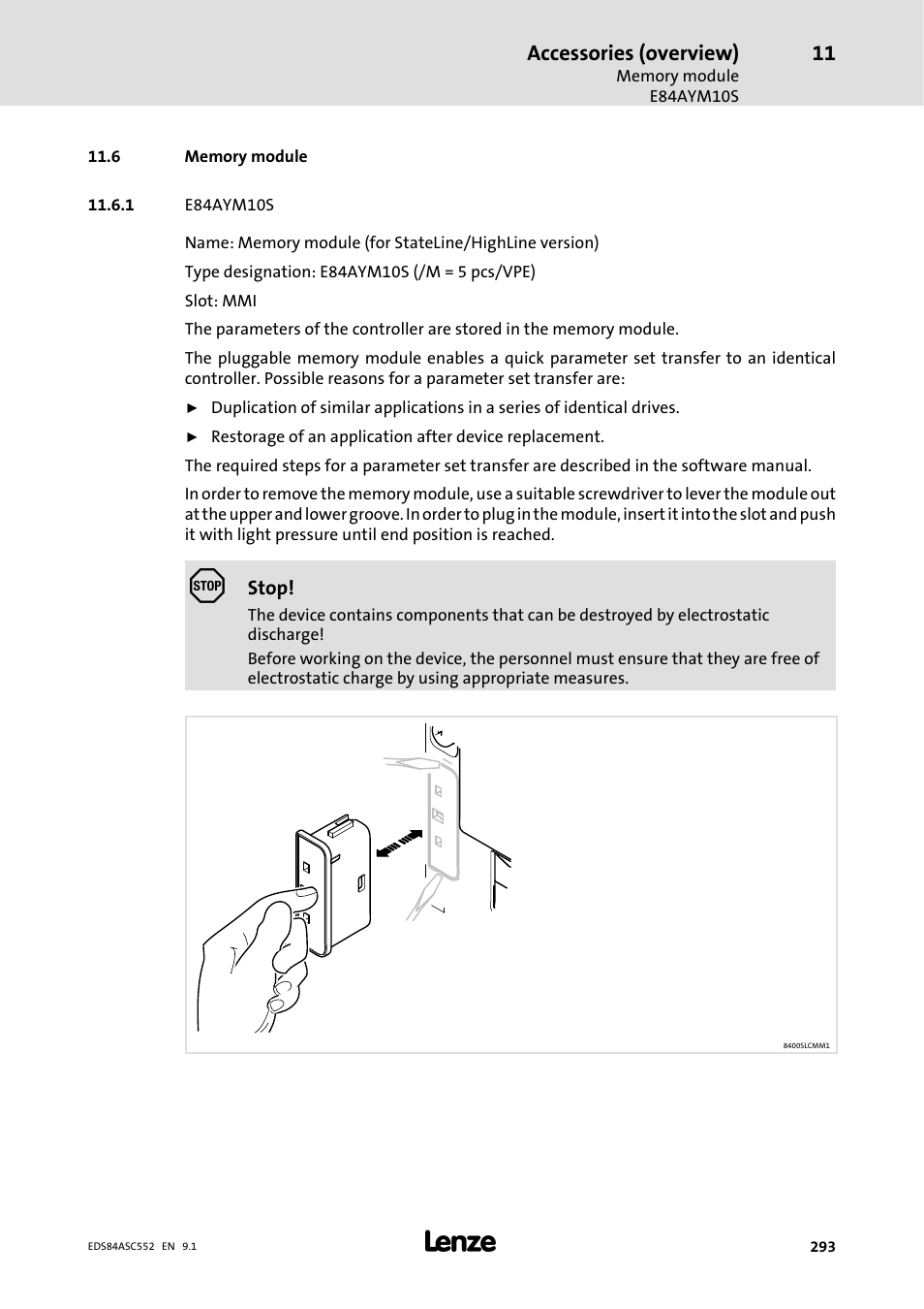 6 memorymodule, 1 e84aym10s, 6 memory module | Accessories (overview) | Lenze 8400 User Manual | Page 293 / 304