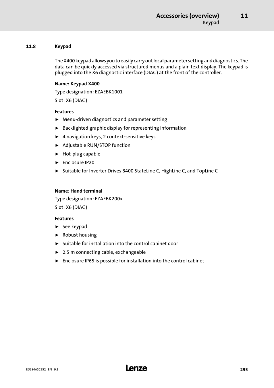 8 keypad, Accessories (overview) | Lenze 8400 User Manual | Page 295 / 304