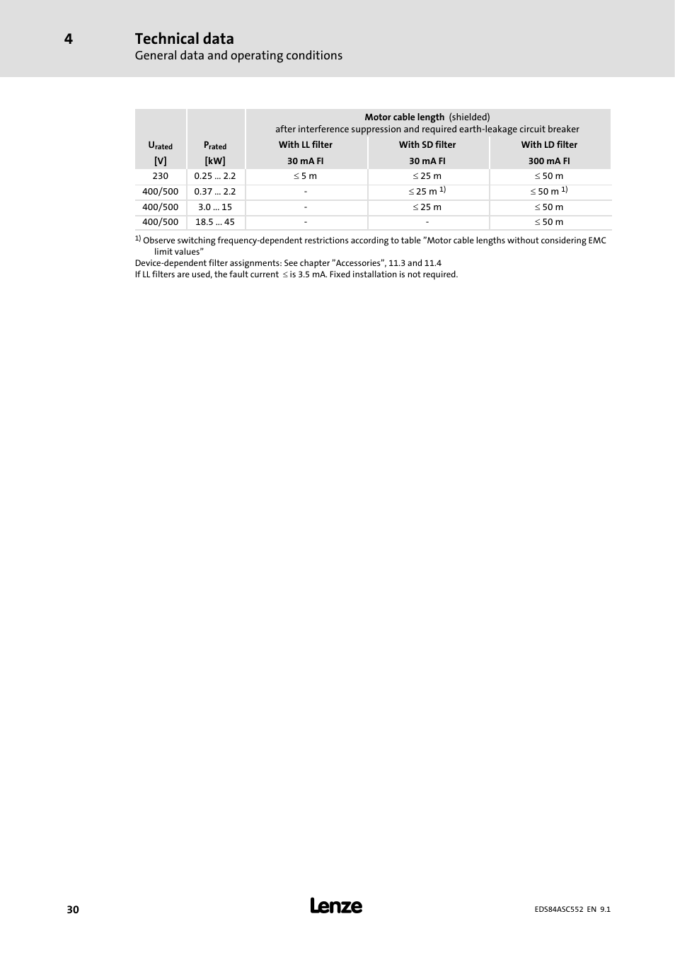 Technical data, General data and operating conditions | Lenze 8400 User Manual | Page 30 / 304