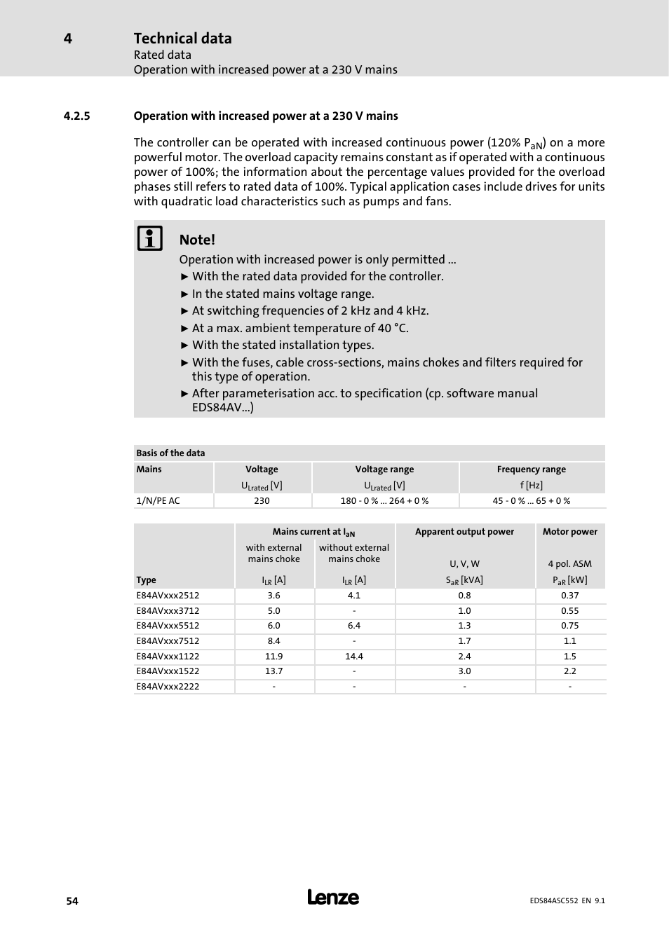 5 operation with increased power at a 230 vmains, Operation with increased power at a 230 v mains, Technical data | Lenze 8400 User Manual | Page 54 / 304