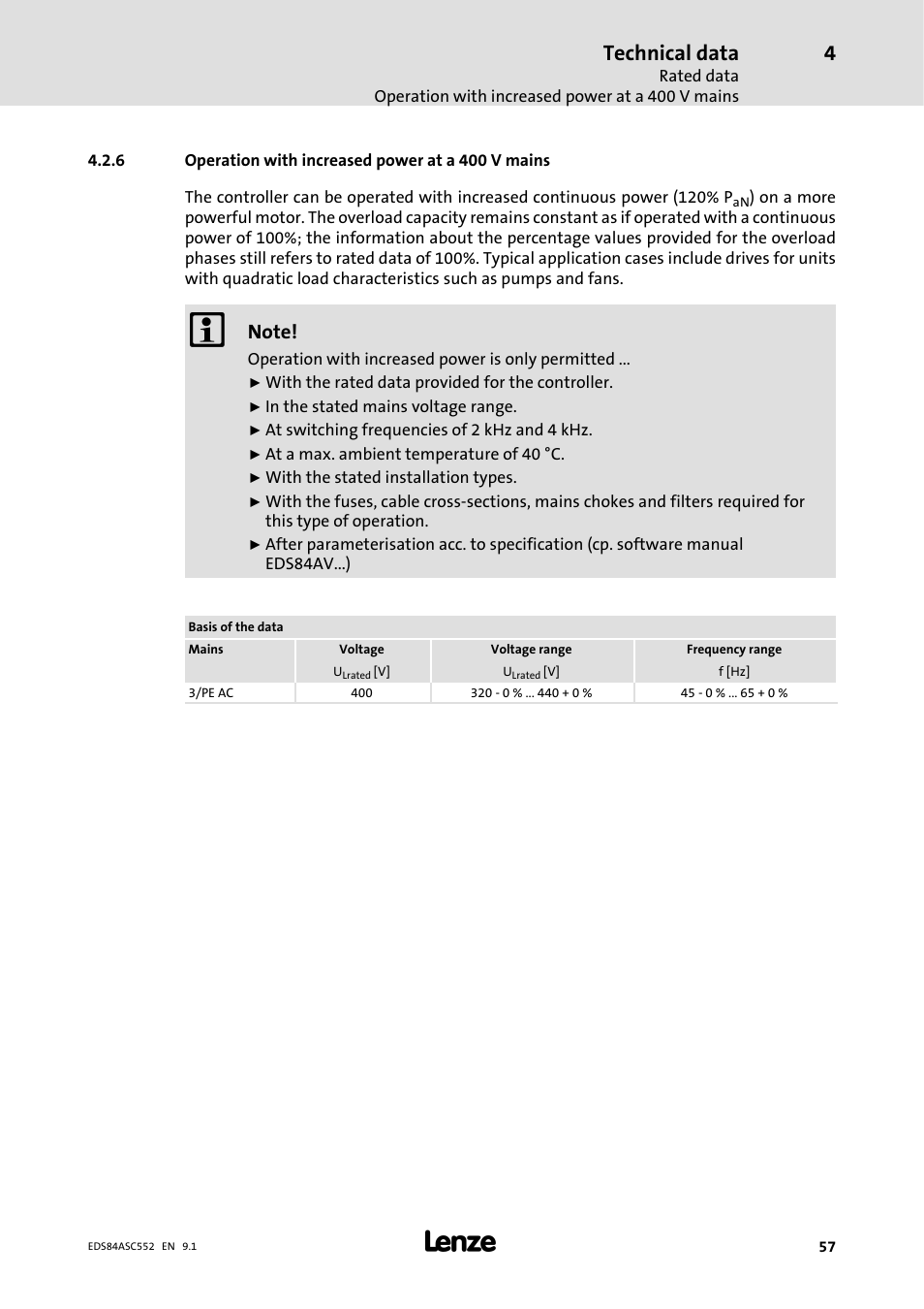 6 operation with increased power at a 400 vmains, Operation with increased power at a 400 v mains, Technical data | Lenze 8400 User Manual | Page 57 / 304