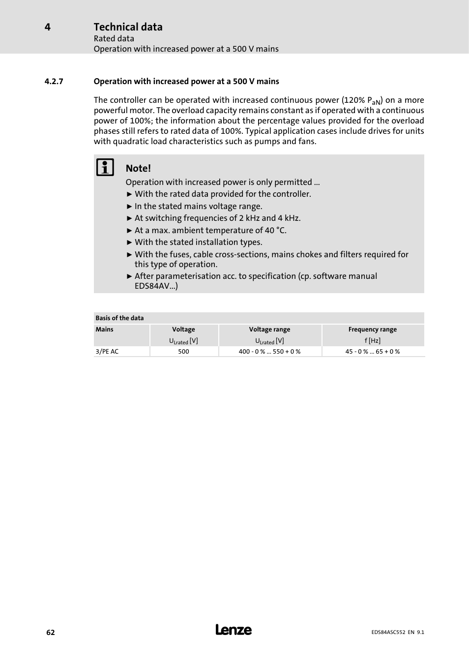 7 operation with increased power at a 500 vmains, Operation with increased power at a 500 v mains, Technical data | Lenze 8400 User Manual | Page 62 / 304