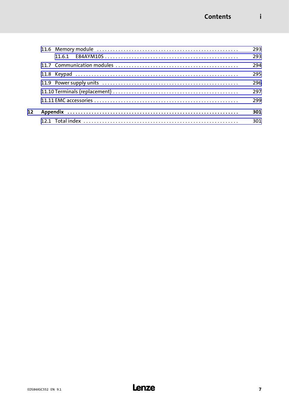 Contents i | Lenze 8400 User Manual | Page 7 / 304