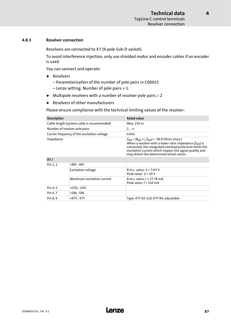 3 resolver connection, Resolver connection, Technical data | Lenze 8400 User Manual | Page 87 / 304