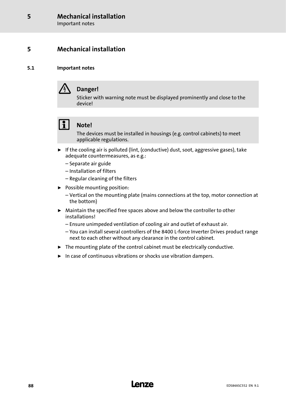 Mechanical installation, Important notes, 1 important notes | Lenze 8400 User Manual | Page 88 / 304