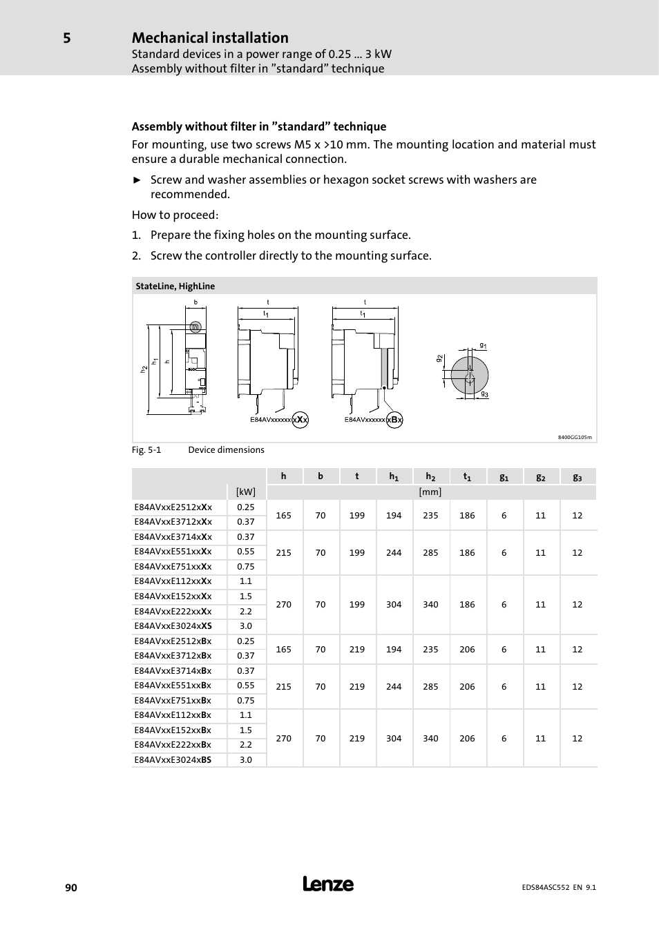 Mechanical installation | Lenze 8400 User Manual | Page 90 / 304
