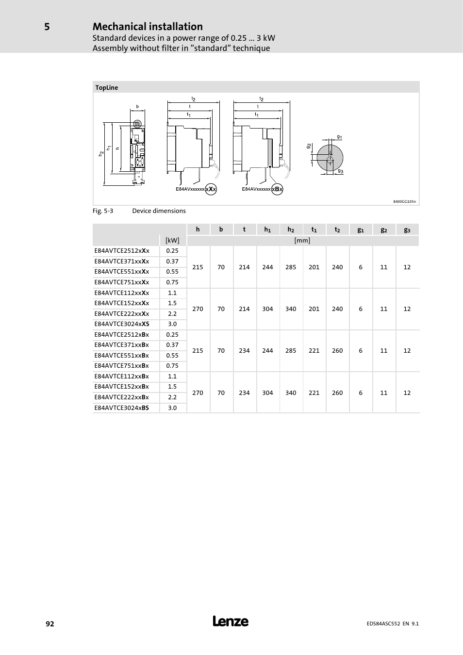 Mechanical installation | Lenze 8400 User Manual | Page 92 / 304