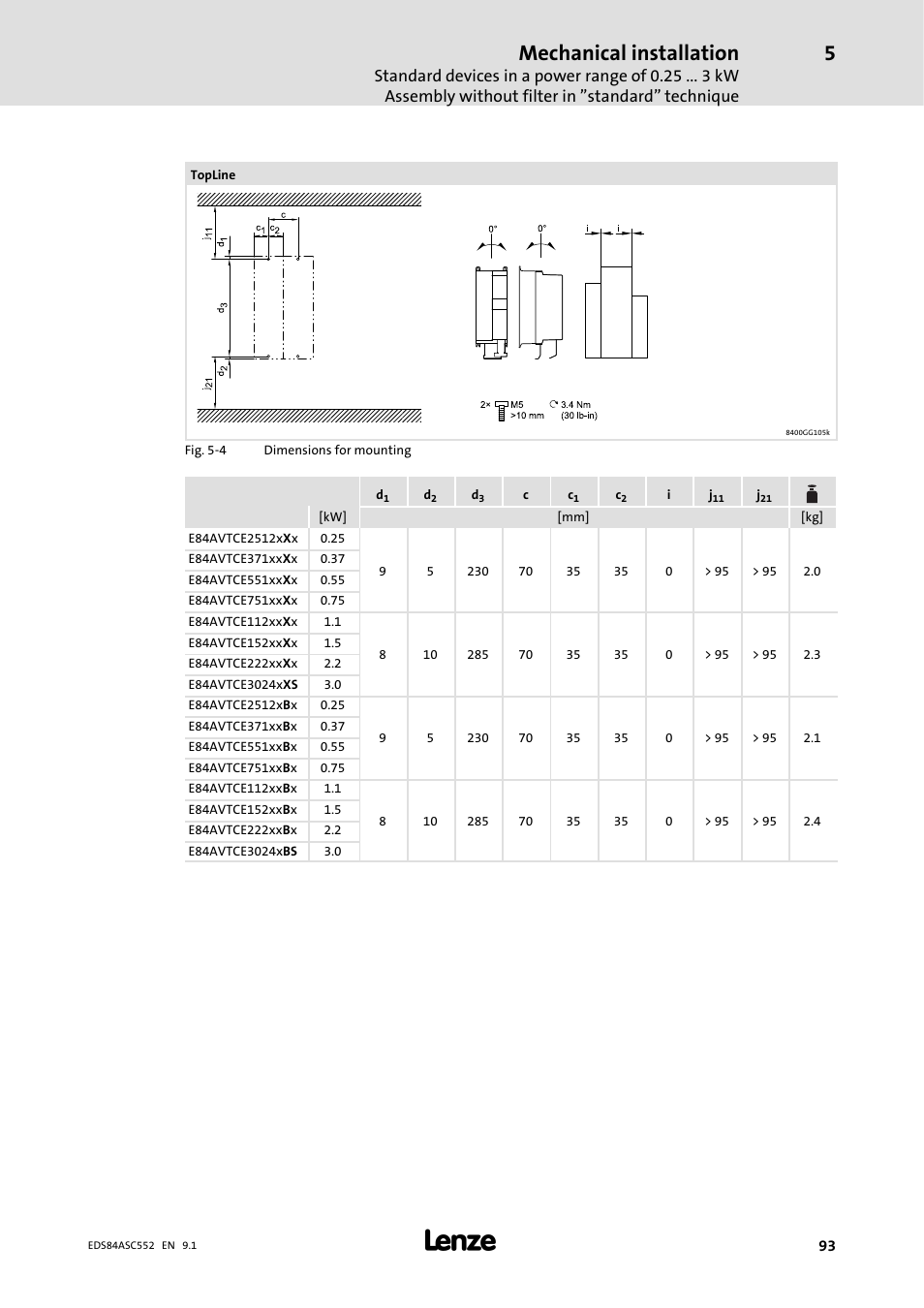 Mechanical installation | Lenze 8400 User Manual | Page 93 / 304