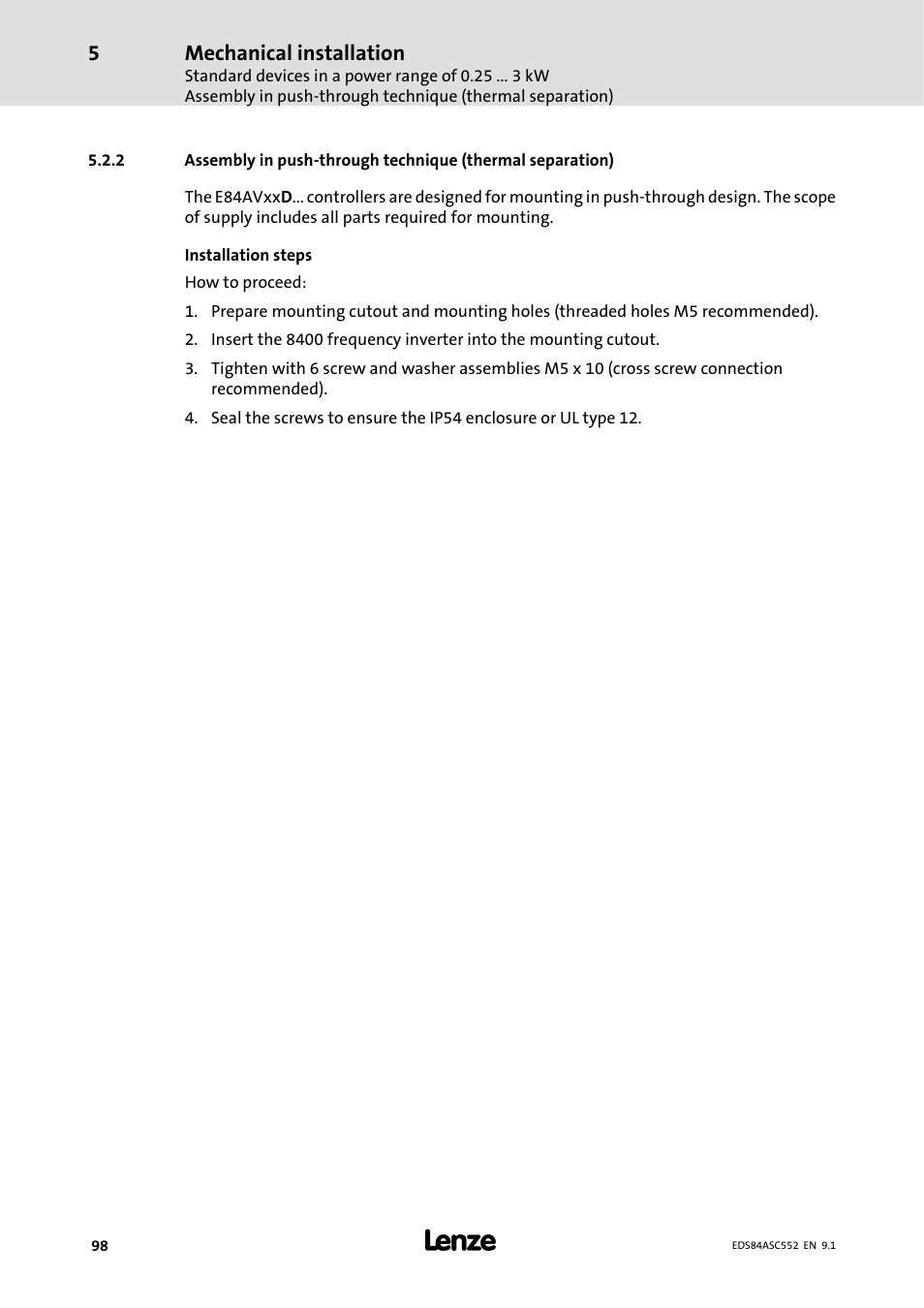 Mechanical installation | Lenze 8400 User Manual | Page 98 / 304