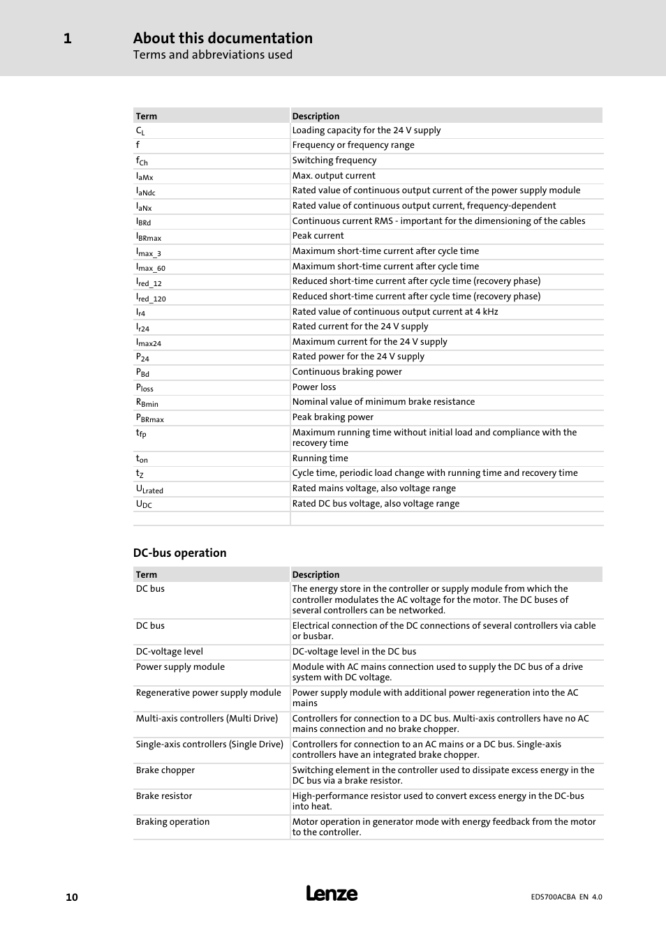 About this documentation, Terms and abbreviations used, Dc−bus operation | Lenze i700 Manual User Manual | Page 10 / 159