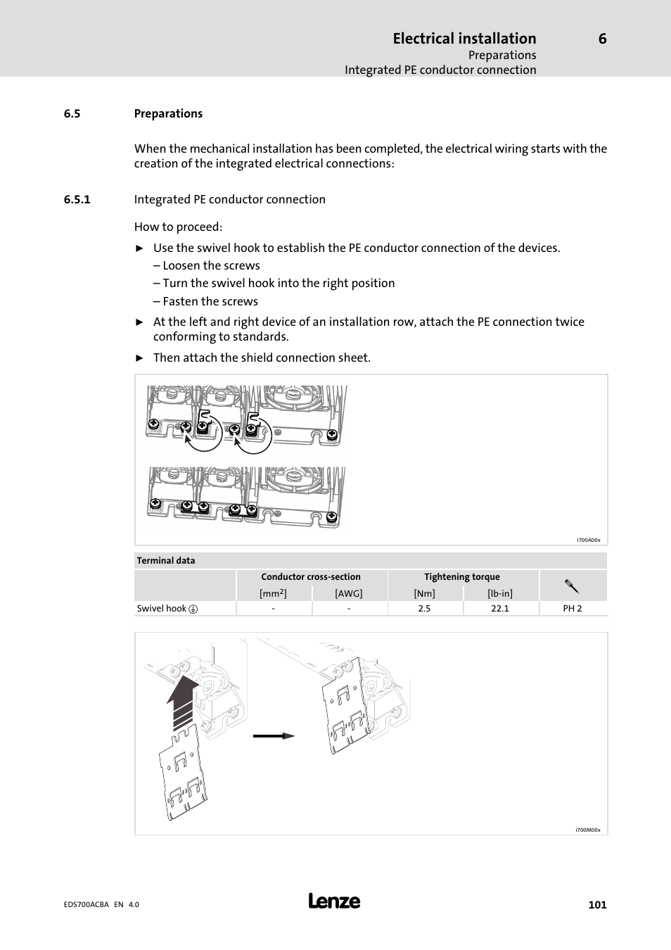 Preparations, Integrated pe conductor connection, Electrical installation | Lenze i700 Manual User Manual | Page 101 / 159