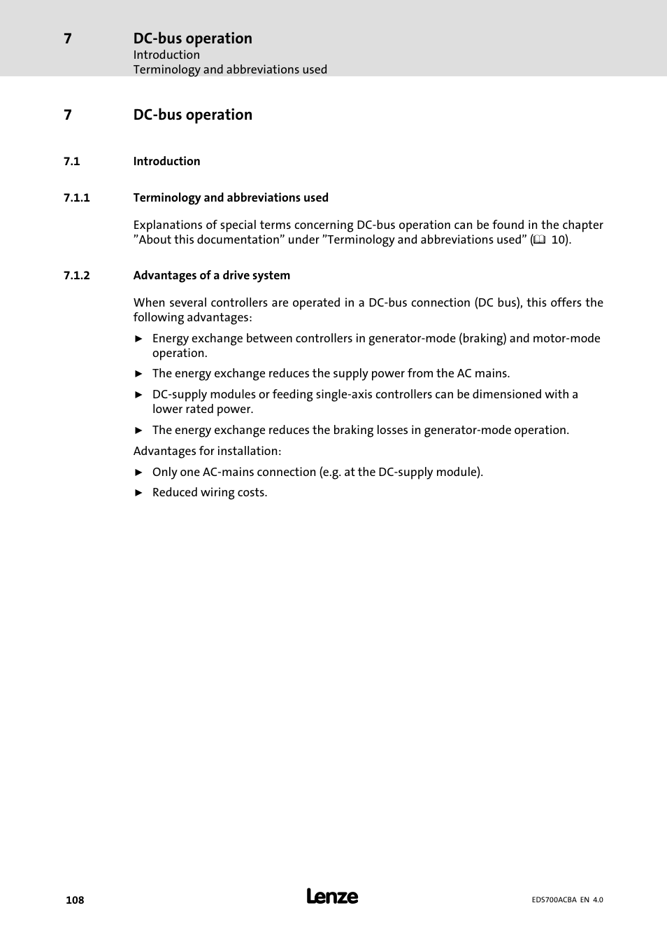 Dc-bus operation, Introduction, Terminology and abbreviations used | Advantages of a drive system, Dc−bus operation, 7dc−bus operation | Lenze i700 Manual User Manual | Page 108 / 159