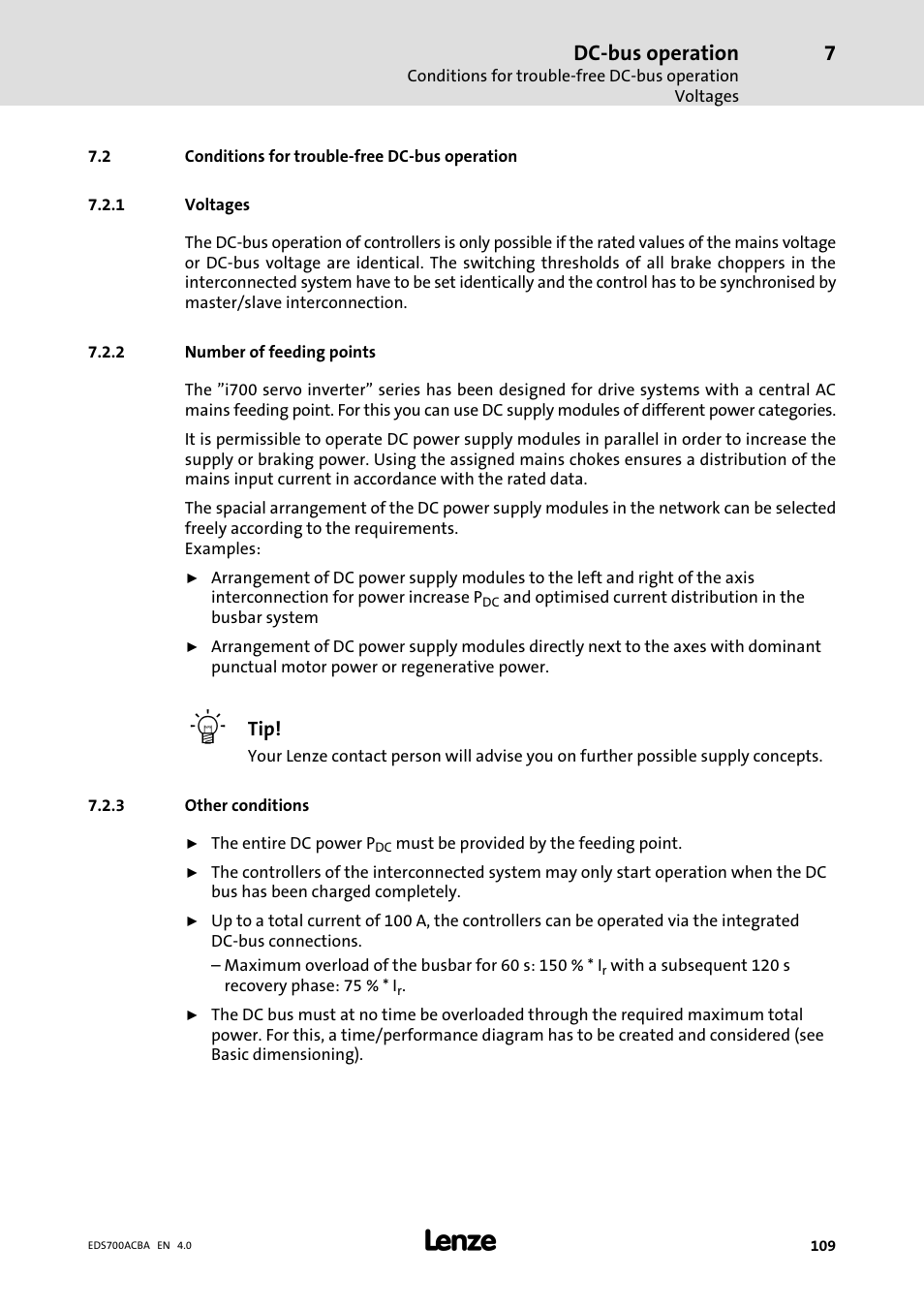 Conditions for trouble-free dc-bus operation, Voltages, Number of feeding points | Other conditions, Conditions for trouble−free dc−bus operation, Dc−bus operation | Lenze i700 Manual User Manual | Page 109 / 159