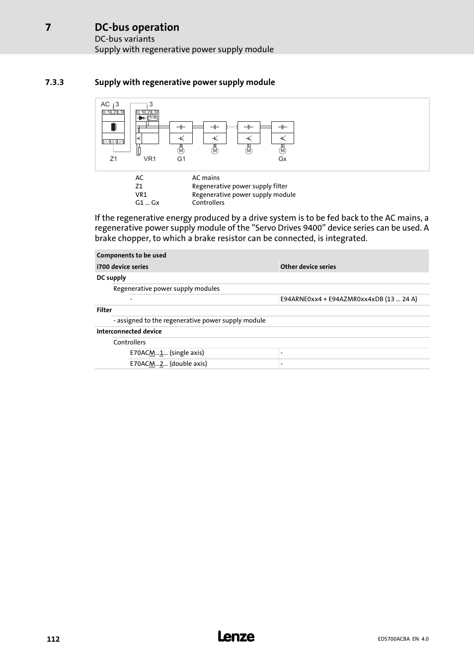 Supply with regenerative power supply module, Dc−bus operation, 3 supply with regenerative power supply module | Lenze i700 Manual User Manual | Page 112 / 159