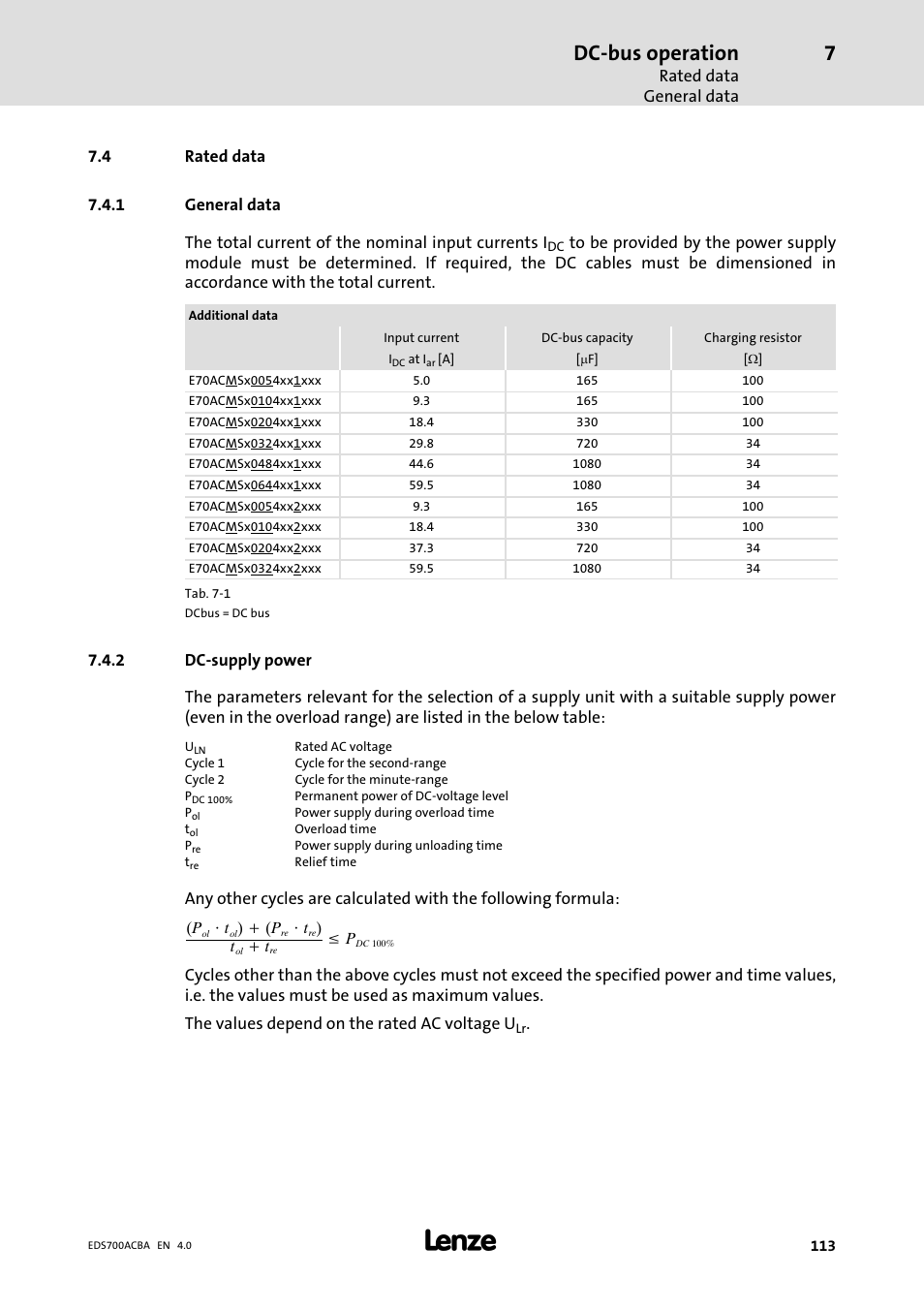 Rated data, General data, Dc-supply power | Dc−supply power, Dc−bus operation | Lenze i700 Manual User Manual | Page 113 / 159