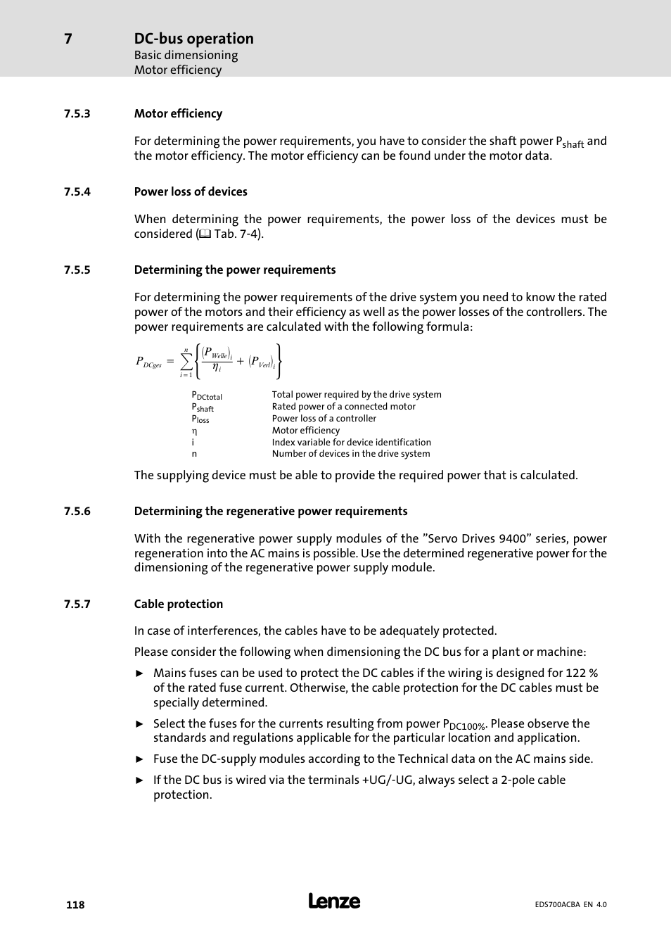 Motor efficiency, Power loss of devices, Determining the power requirements | Determining the regenerative power requirements, Cable protection, Dc−bus operation | Lenze i700 Manual User Manual | Page 118 / 159