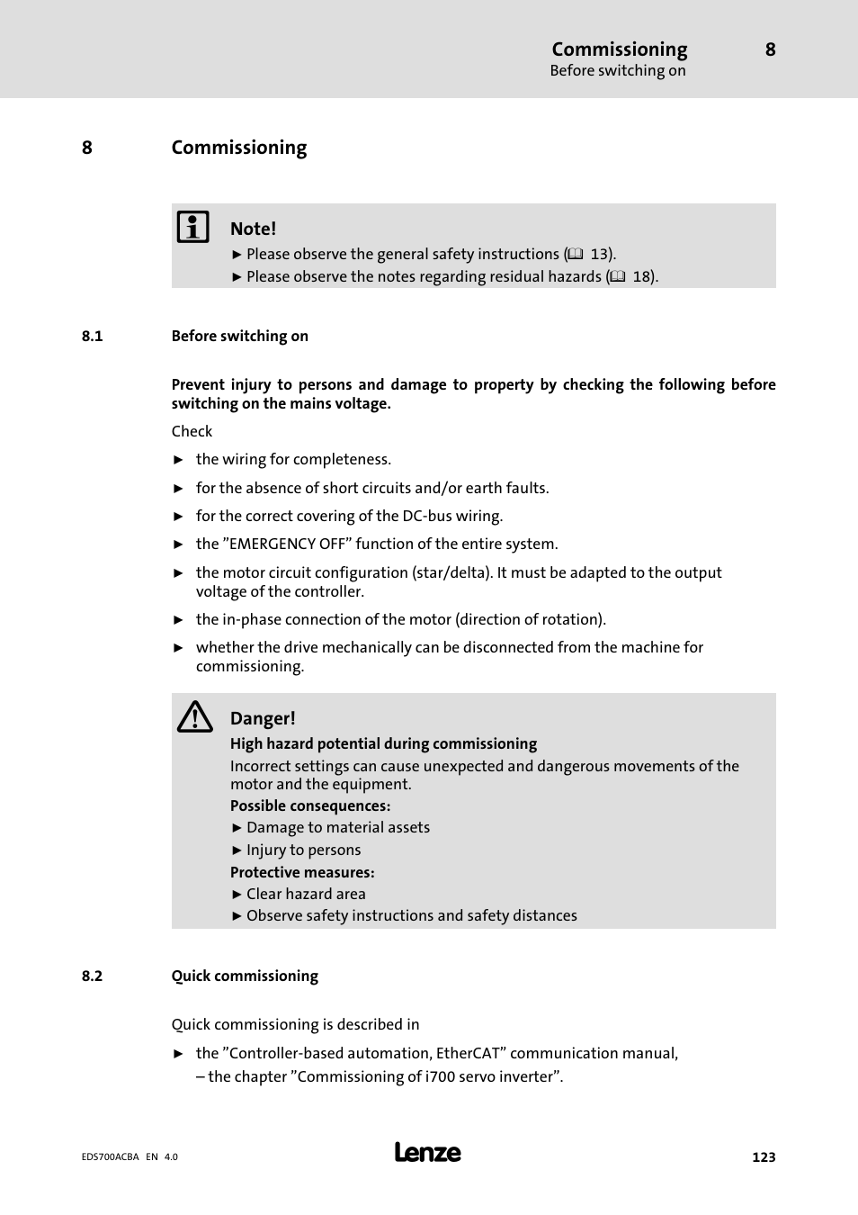 Commissioning, Before switching on, Quick commissioning | 8commissioning | Lenze i700 Manual User Manual | Page 123 / 159