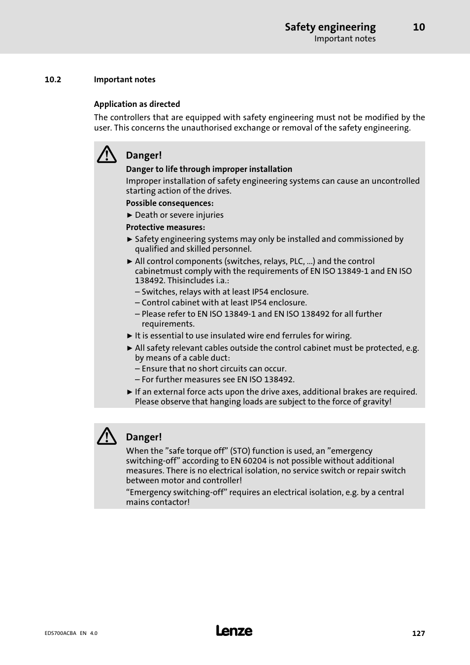 Important notes, 3 important notes, Safety engineering | Lenze i700 Manual User Manual | Page 127 / 159