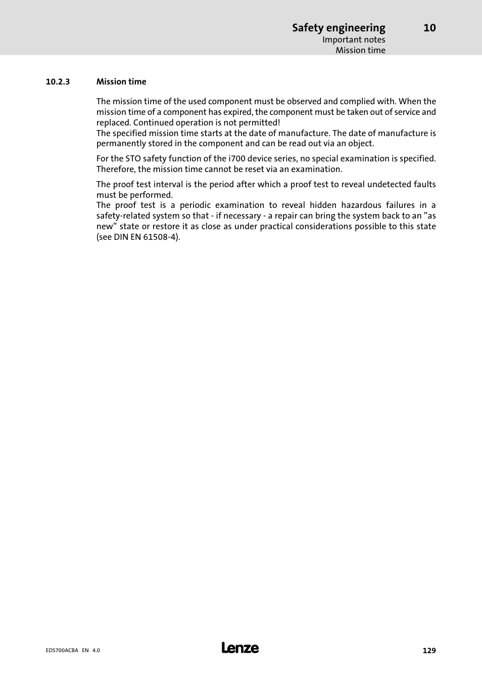 Mission time, Safety engineering | Lenze i700 Manual User Manual | Page 129 / 159