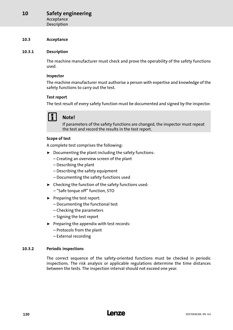 Acceptance, Description, Periodic inspections | 4 acceptance, Safety engineering | Lenze i700 Manual User Manual | Page 130 / 159