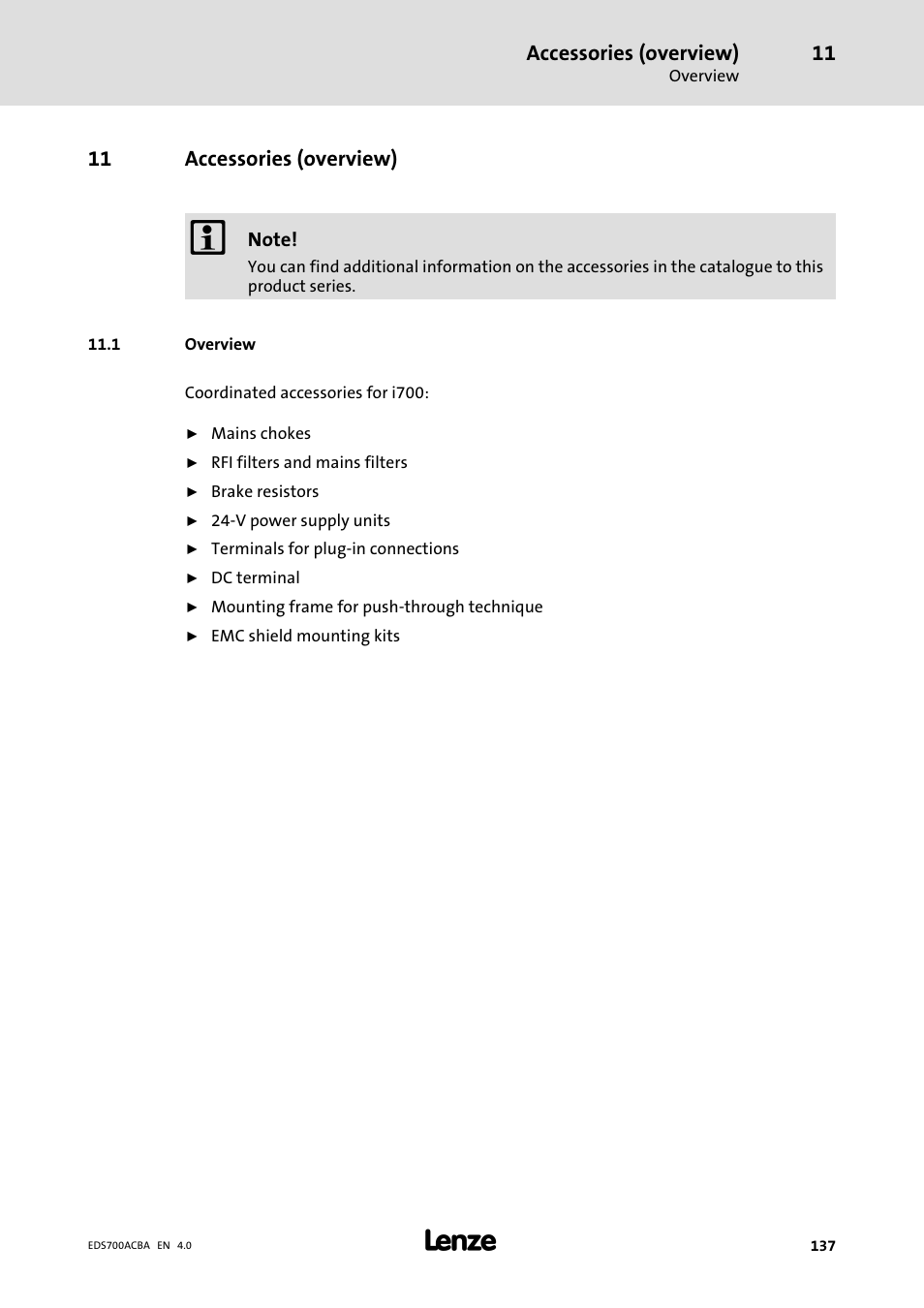 Accessories (overview), Overview, 1 overview | 11 accessories (overview) | Lenze i700 Manual User Manual | Page 137 / 159