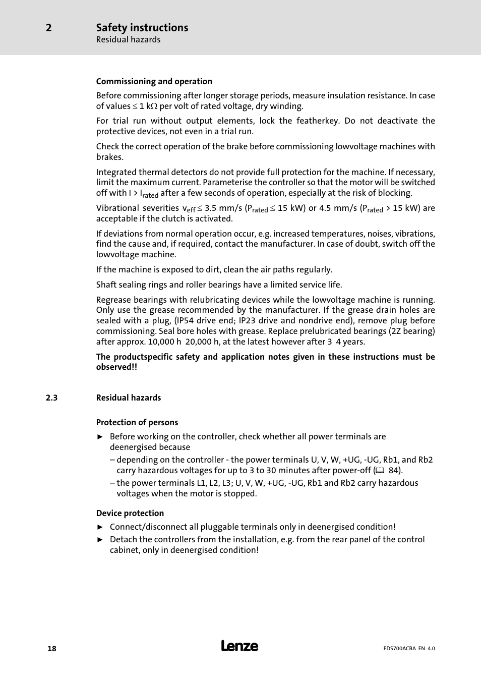 Residual hazards, Safety instructions | Lenze i700 Manual User Manual | Page 18 / 159