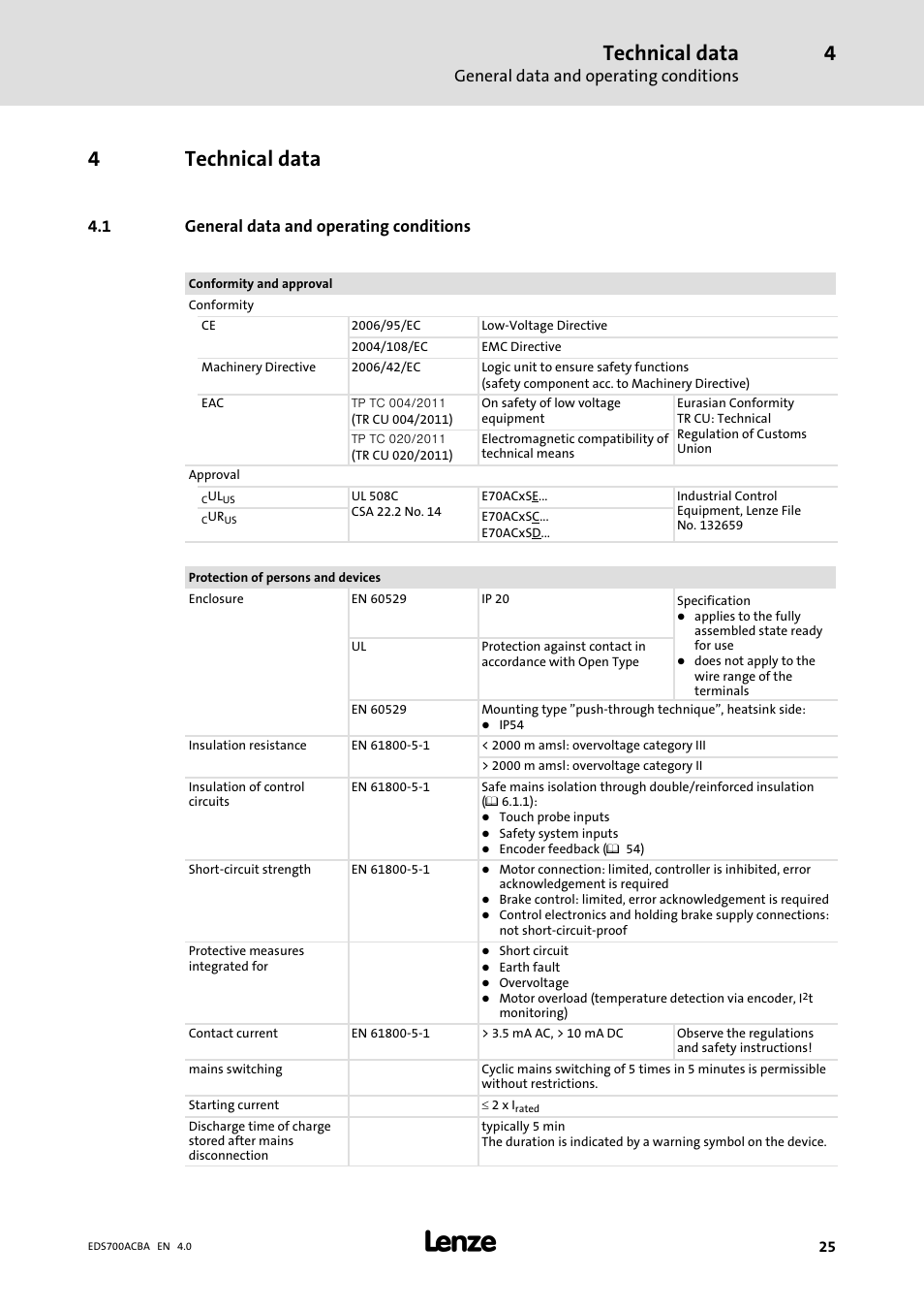Technical data, General data and operating conditions, 4technical data | 1 general data and operating conditions | Lenze i700 Manual User Manual | Page 25 / 159