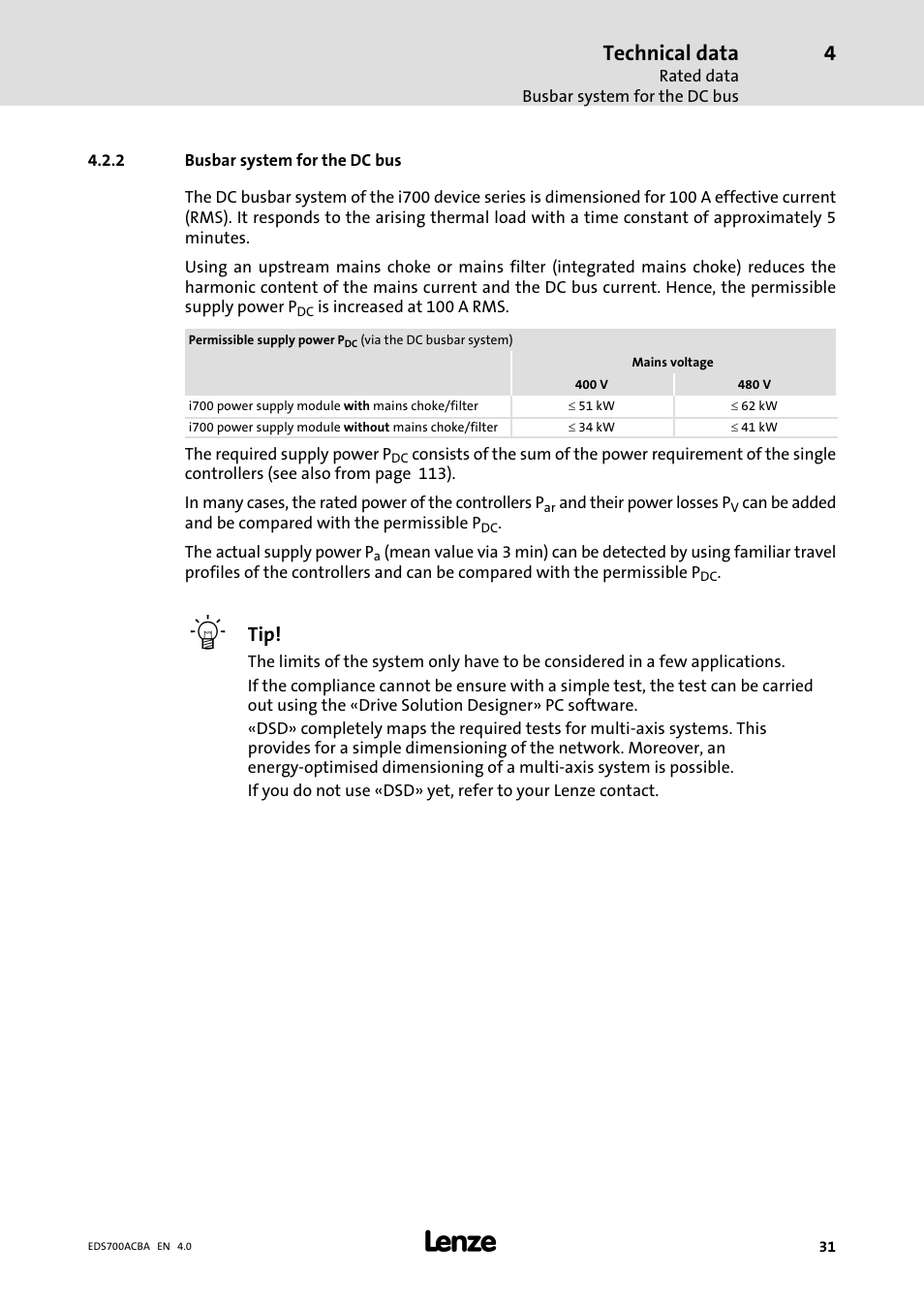 Busbar system for the dc bus, Technical data | Lenze i700 Manual User Manual | Page 31 / 159